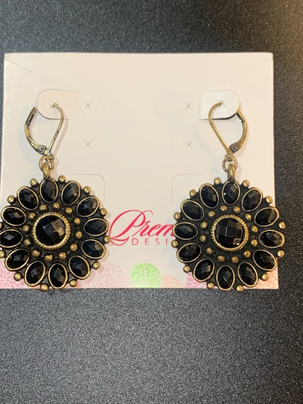 NWT Premier Designs antiqued gold tone and Black Floral Statement Drop Earrings